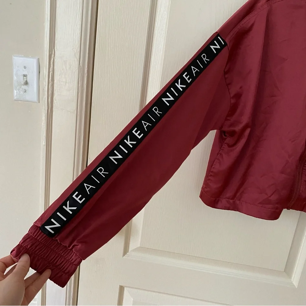 Nike Air Burgundy Satin Zip Up Cropped Loose Fit Track Bomber Jacket Size M - Picture 6 of 15